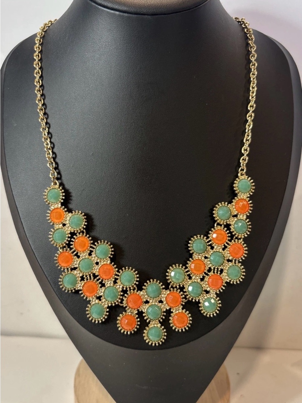 Statement Bib Necklace Aqua Blue‎ Orange Faceted Cabochon Gold Tone 21”
